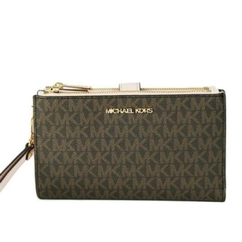 Michael Kors Jet Set Logo Large Double Zip Wristlet Wallet (Brown/Powderblush